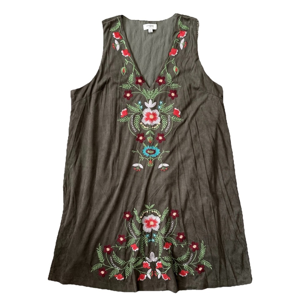 Faux Suede Embroidered Mini Dress Womens Large Olive Green Festival Boho Cowgirl